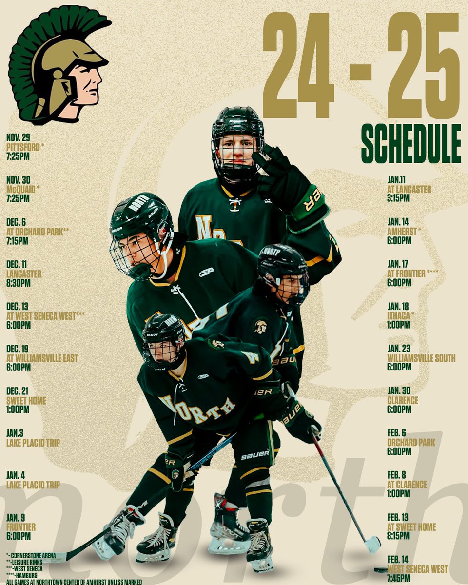 Here is our schedule for the 35th season of North Hockey!
We open the season next Friday vs Pittsford at 7:25pm at Cornerstone Arena.
#GoNorth