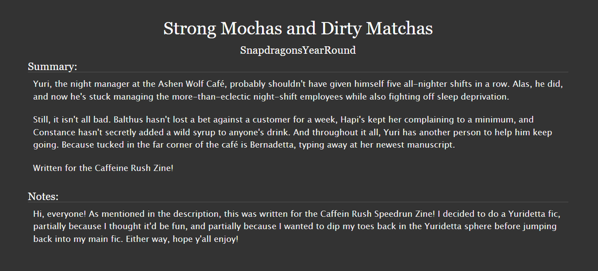SnapdragonsR's tweet photo. Nearly forgot to post the fic I did for the Caffeine Rush Zine! This was a fic created to follow a caffeine-related prompt, so I took it as an opportunity to jump back into the Yuridetta sphere before going back to my main fic! Thanks so much to @cmykae  for hosting this zine! https://t.co/RvxLvFlF3C