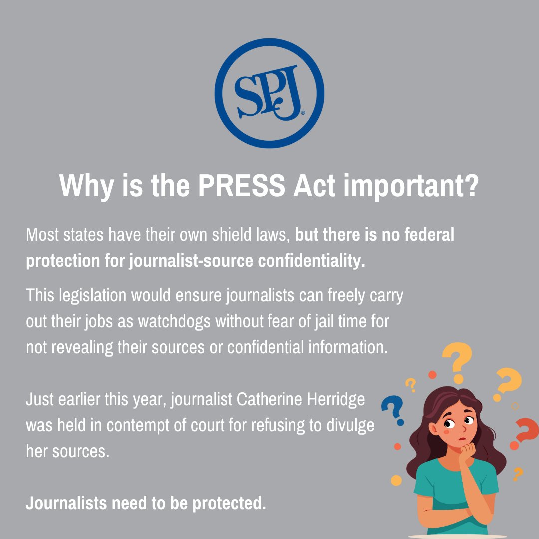 What’s so important about the PRESS Act? 

Currently, there is no federal protection for journalists. This legislation would ensure journalists can freely carry out their jobs as watchdogs without fear of jailtime. Learn more: spj.org/press-act.asp #pressfreedom
