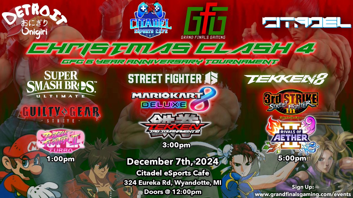 Come celebrate 6 years of GFG at CHRISTMAS CLASH 4! We made sure there was a game for everyone this time around!

This will most likely be our last monthly for a little while so it'd be amazing to see everyone join us at @citadelesportgg !

Sign up: start.gg/tournament/chr…