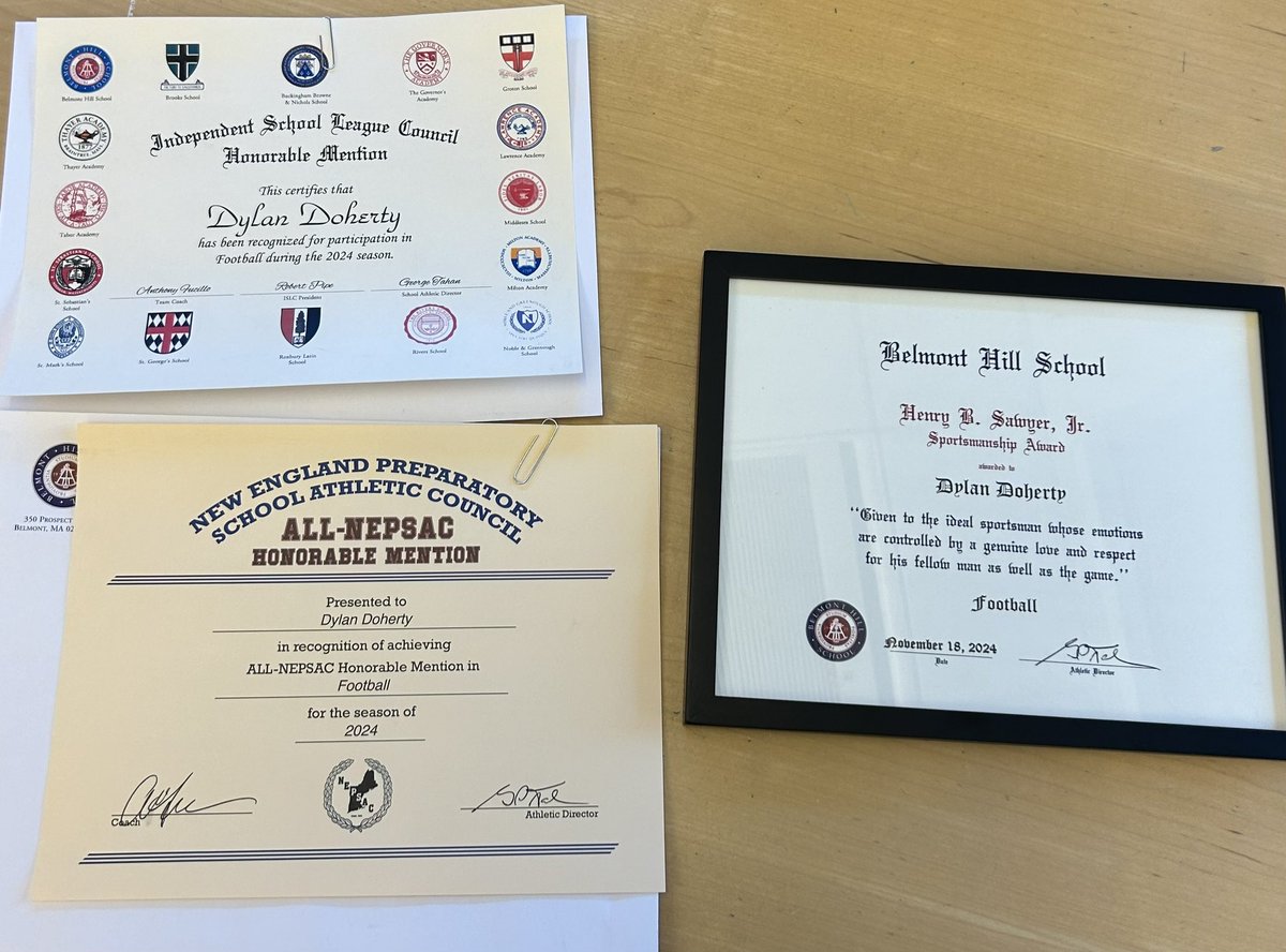 After an amazing senior year with <a href="/BelmontHillFB/">Belmont Hill Football</a> I am honored to be named All NEPSAC HM and ISL HM. I also received the Henry B Sawyer Jr. Sportsmanship award! Beyond grateful for my time playing for <a href="/CoachFucillo/">Anthony Fucillo</a> !