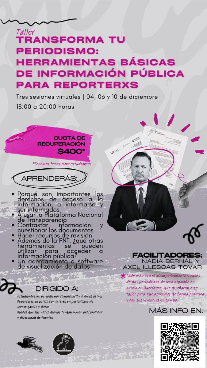 ¡Hola! Les traemos este taller que preparamos  <a href="/axelillescast/">Axel Illescas Tovar</a> y yo sobre transparencia y acceso a la información pública.

✍🏼 Inscríbete aquí antes del 25 de noviembre: forms.gle/44ZNSukx8HBUXi…

📄 Revisa el temario aquí: drive.google.com/file/d/13usaNm…

¡Esta semana cerramos inscripción!