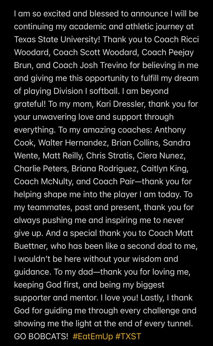 Jayleigh Dressler #57 (@jaydressler12) on Twitter photo Iโm so excited and blessed to announce I will be continuing my academic and softball journey at Texas State University! Thank You to Coach Woodard and to all who have supported me! Go Bobcats #EatEmUp #TXST ๐
<a href="/dtitanssoftball/">titanssoftball</a> <a href="/Rw15Woodard/">Ricci Woodard</a> <a href="/ScottWoodard8/">Scott Woodard</a> Iโm so excited and blessed to announce I will be continuing my academic and softball journey at Texas State University! Thank You to Coach Woodard and to all who have supported me! Go Bobcats #EatEmUp #TXST ๐
<a href="/dtitanssoftball/">titanssoftball</a> <a href="/Rw15Woodard/">Ricci Woodard</a> <a href="/ScottWoodard8/">Scott Woodard</a>