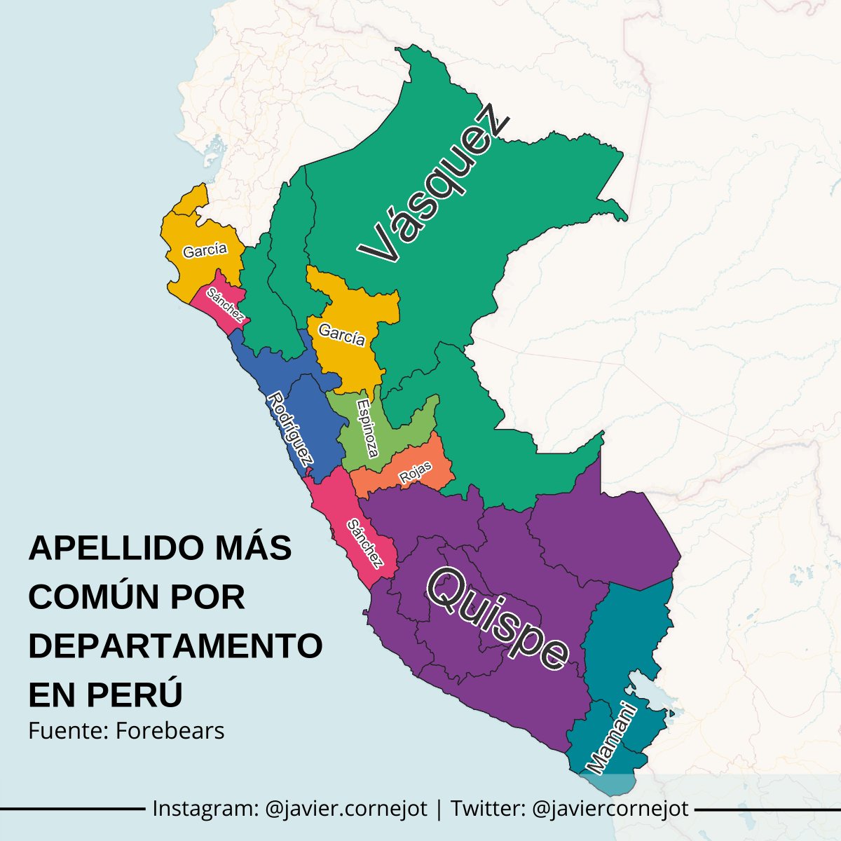 #30DayMapChallenge | Día 19 | Tipografía.
Apellido más común por departamento del Perú.