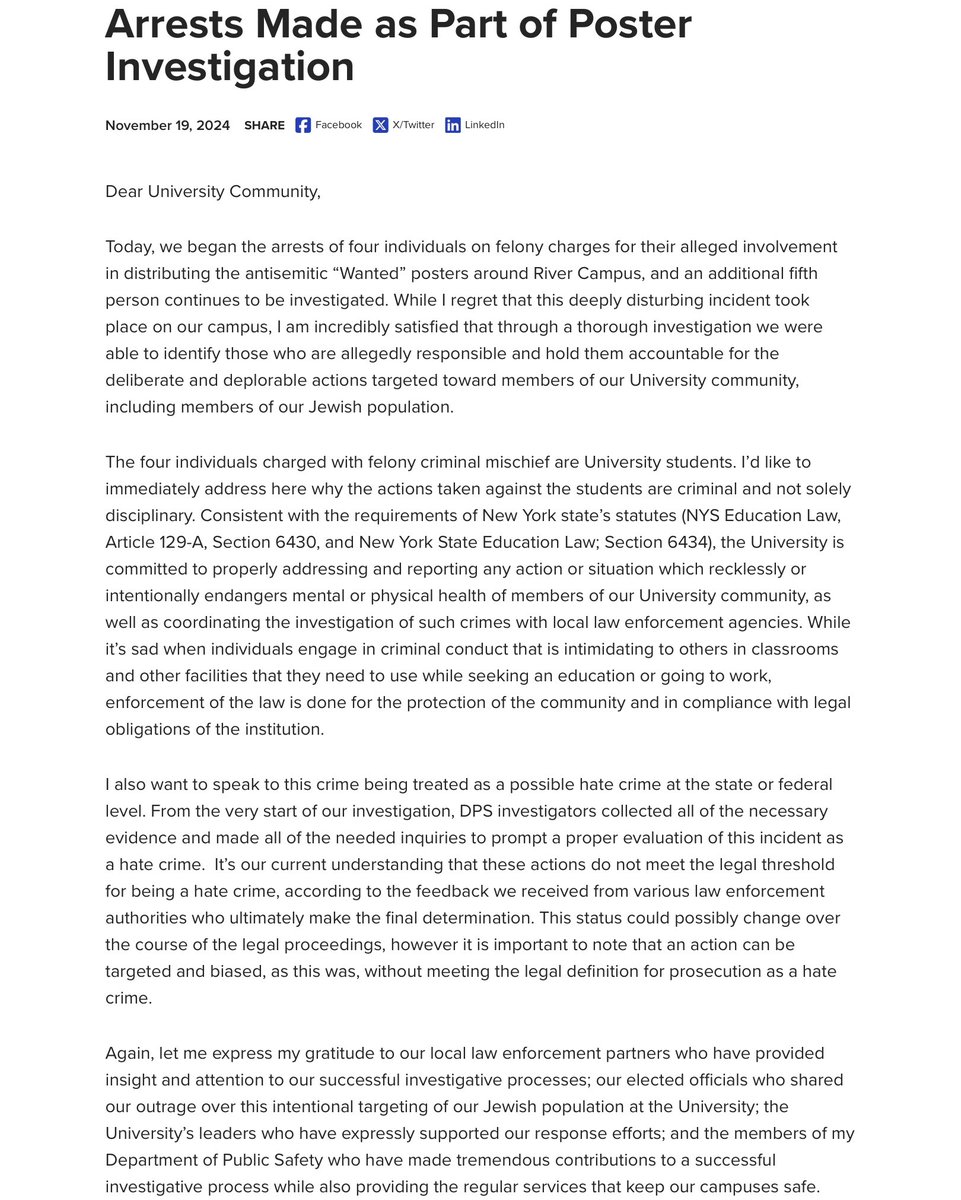 BREAKING: Four University of Rochester students have been charged with felony criminal mischief in connection with the wanted posters targeting Jewish faculty and staff that were plastered all over campus last week.

One more person remains under investigation.