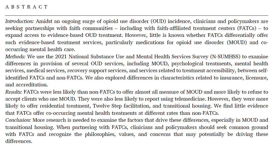 Kim Gannon (she/they) (@kim_gannon_) on Twitter photo 📢🚨New paper in <a href="/JSATjournal/">Journal of Substance Use & Addiction Tx (JSAT)</a> !🚨 My coauthor Charles A. Warnock and I analyzed a national survey of US OUD tx centers and found that, by virtually every measure, faith-affiliated centers were less likely to offer MOUD than their counterparts. Link in reply! <a href="/YaleADM/">Yale Program in Addiction Medicine</a> <a href="/YaleSPH/">Yale School of Public Health</a> 📢🚨New paper in <a href="/JSATjournal/">Journal of Substance Use & Addiction Tx (JSAT)</a> !🚨 My coauthor Charles A. Warnock and I analyzed a national survey of US OUD tx centers and found that, by virtually every measure, faith-affiliated centers were less likely to offer MOUD than their counterparts. Link in reply! <a href="/YaleADM/">Yale Program in Addiction Medicine</a> <a href="/YaleSPH/">Yale School of Public Health</a>