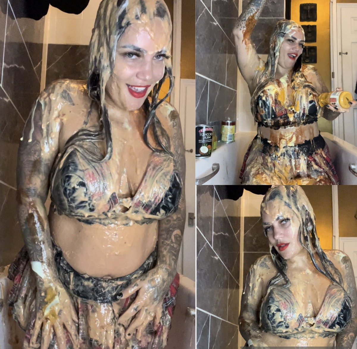 PrincessBratt4's tweet photo. Well well well 

Who wants to see the full video tomorrow?? 

This was so much fun 🤩 all my cupboard expired foods smothered into my body 😝

#bigtits #dirtyday #essexgungebabe #filth #RT #foodmess #foodfun #splosh #WAM https://t.co/EEMwoerpcl