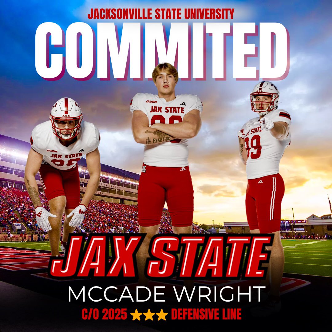 McCade Wright (@mccadewright33) on Twitter photo I’m very blessed to announce my commitment to continue my football career at Jax State, Thank you to my family, coaches, and teammates for their unwavering support. <a href="/coach_willgreen/">William Green</a> <a href="/RealCoachRod/">Rich Rodriguez</a> <a href="/HirschGarrett/">G.Hirsch</a> <a href="/TArlesic12/">Ty Arlesic</a> <a href="/JaxStateFB/">Jax State Football</a> <a href="/CoachL__/">Coach L</a> <a href="/CoachBenStewart/">Ben Stewart</a> <a href="/Coach_Davis4/">Branson Davis</a> I’m very blessed to announce my commitment to continue my football career at Jax State, Thank you to my family, coaches, and teammates for their unwavering support. <a href="/coach_willgreen/">William Green</a> <a href="/RealCoachRod/">Rich Rodriguez</a> <a href="/HirschGarrett/">G.Hirsch</a> <a href="/TArlesic12/">Ty Arlesic</a> <a href="/JaxStateFB/">Jax State Football</a> <a href="/CoachL__/">Coach L</a> <a href="/CoachBenStewart/">Ben Stewart</a> <a href="/Coach_Davis4/">Branson Davis</a>