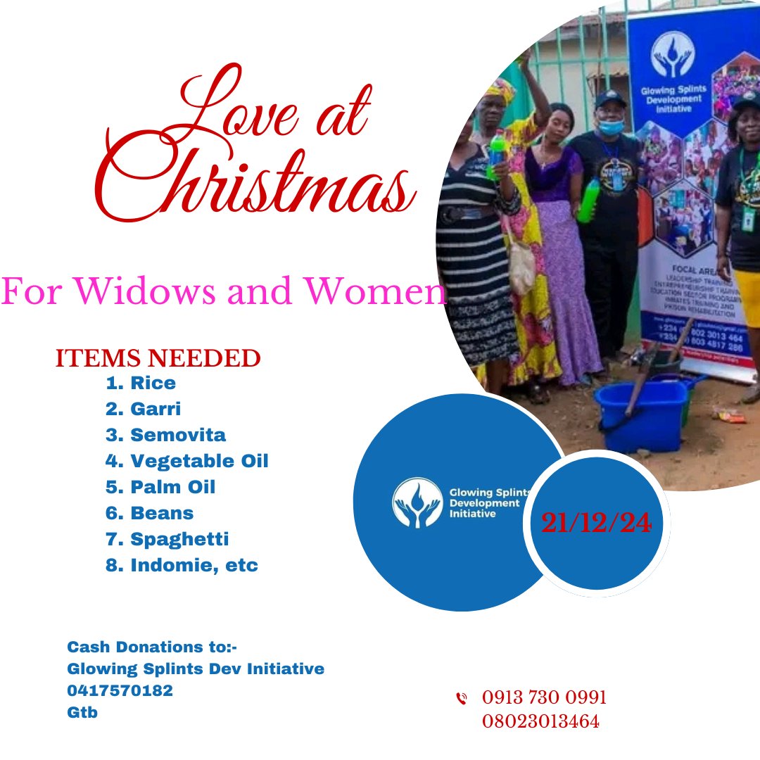 DevtGlowing's tweet photo. Let's make this Christmas a memorable one for Widows and Women in need. Donate an item towards Love at Christmas. 
We look forward to partnering with you to make it a success 

For inkind donations inbox us on 08023013464
For Cash:-
Glowing Splints Dev Initiative 
0417570182
GTB https://t.co/qhRJ8cuxN3