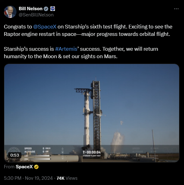 MarioNawfal's tweet photo. 🚨🇺🇸NASA CHIEF: STARSHIP SUCCESS POWERS MOON AND MARS DREAMS

NASA's Bill Nelson praises SpaceX's orbit-ready Raptor restart:

"Congrats to @SpaceX on Starship's sixth test flight. 

Exciting to see the Raptor engine restart in space—major progress towards orbital flight.  

Starship’s success is Artemis’ success. 

Together, we will return humanity to the Moon & set our sights on Mars." 

Moon and Mars missions are looking more real by the test flight.

Source: @SenBillNelson