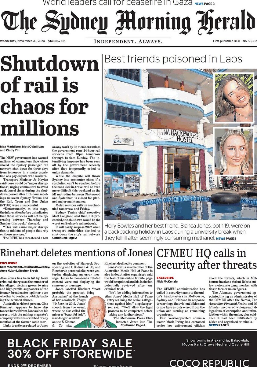 π΅ππππ πΏππππ πππππ’ π° (@ukpapers) on Twitter photo π¦πΊ Shutdown Of Rail Is Chaos For Millions
β«Sydney trains to shut down from Thursday to Sunday, disrupting millions of commuters
β«<a href="/maxmaddison/">Max Maddison</a> <a href="/Mattonews/">Matt O'Sullivan</a> & Cindy Yin
#frontpagestoday #Australia <a href="/smh/">The Sydney Morning Herald</a> π¦πΊ π¦πΊ Shutdown Of Rail Is Chaos For Millions
β«Sydney trains to shut down from Thursday to Sunday, disrupting millions of commuters
β«<a href="/maxmaddison/">Max Maddison</a> <a href="/Mattonews/">Matt O'Sullivan</a> & Cindy Yin
#frontpagestoday #Australia <a href="/smh/">The Sydney Morning Herald</a> π¦πΊ