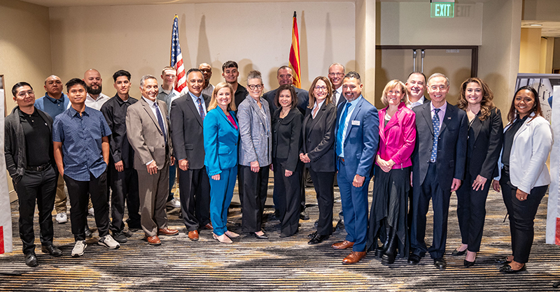 MCCCDChancellor's tweet photo. Proud to join TSMC Arizona, @GovernorHobbs, @MayorGallego, @EMCCPresident, @RioSalado_Pres, @SandraWatsonAZ, and Valley leaders for the unveiling of expanded #semiconductor apprenticeship opportunities supported by classroom learning from @EMCC_Official and @RioSaladoOnline.