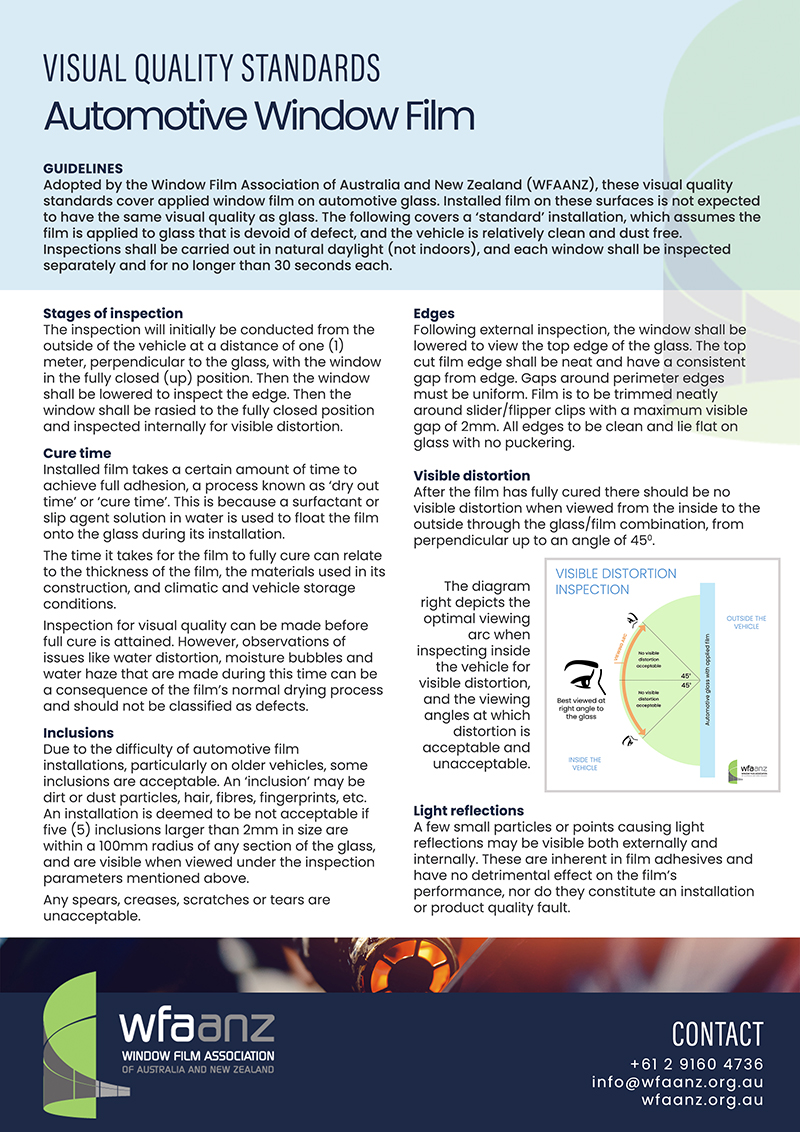 Launching today: WFAANZ Automotive Visual Quality  Standards doc/webpage. Outlining expectations of an auto film install, the doc is a powerful tool when discussing  installation standards. Look to your inbox for the doc/weblink,  and msg me if you don't receive the email.
