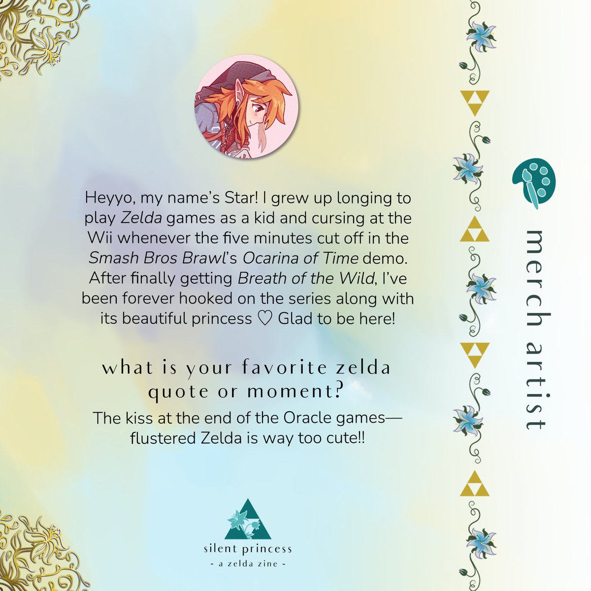 Meet starsubway (@/starsubway_ on IG), a merch artist for Silent Princess! She is creating a sticker sheet for our physical merch packages 🌸
#loz#zelda#zeldazine#SilentPrincessZine#legendofZelda#contributors#contributorspotlights#merchartist