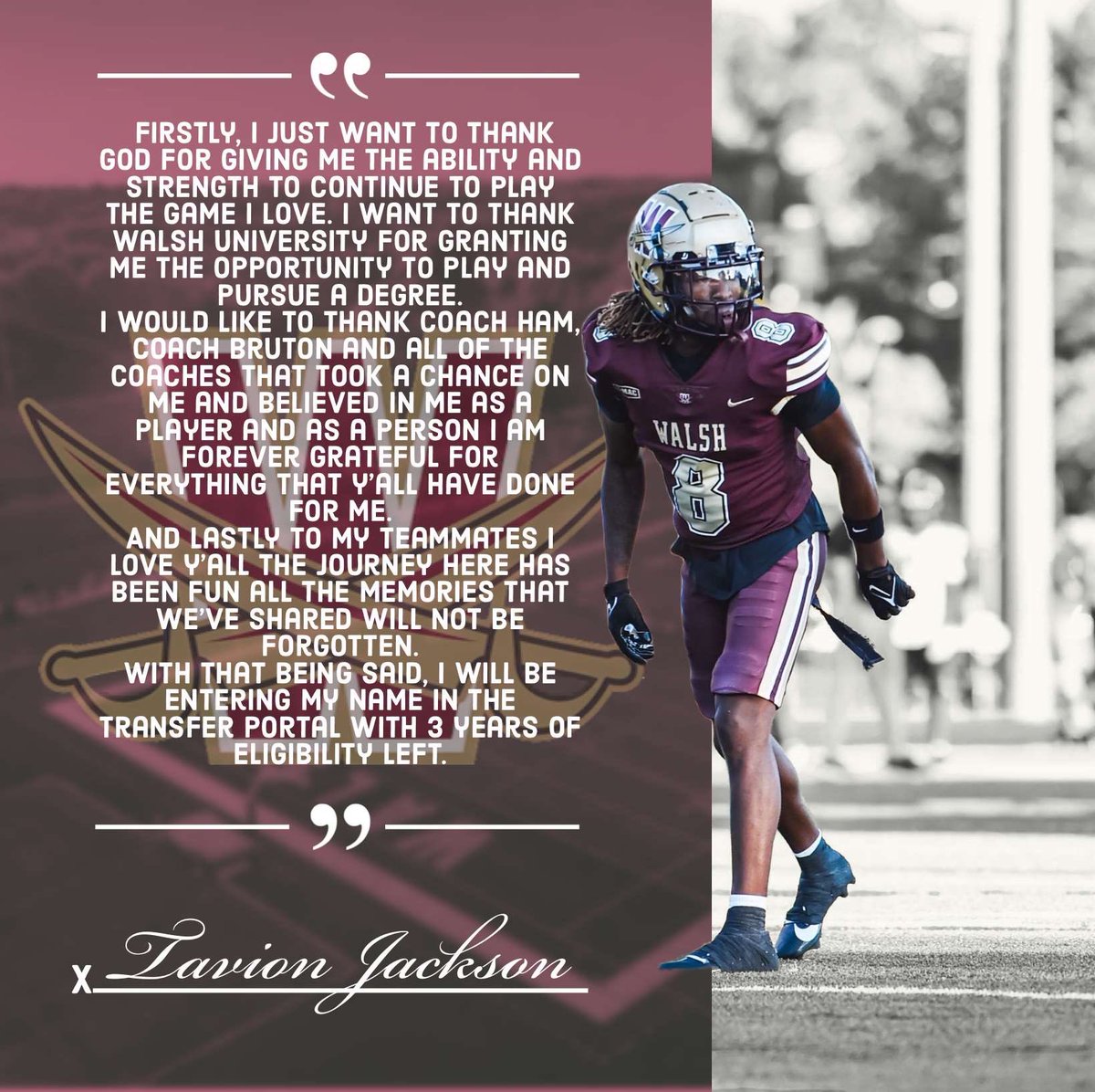 epgtaee's tweet image. Thank you Walsh I’m forever grateful I will be entering my name into the transfer portal with 3 years of eligibility left.