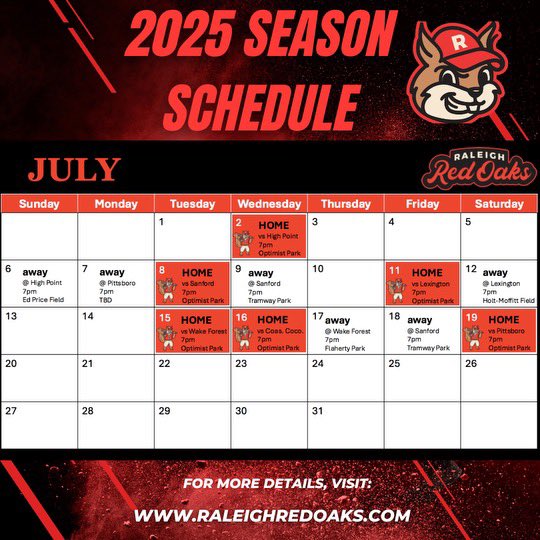 Introducing our 2025 summer season schedule for the Raleigh Red Oaks!