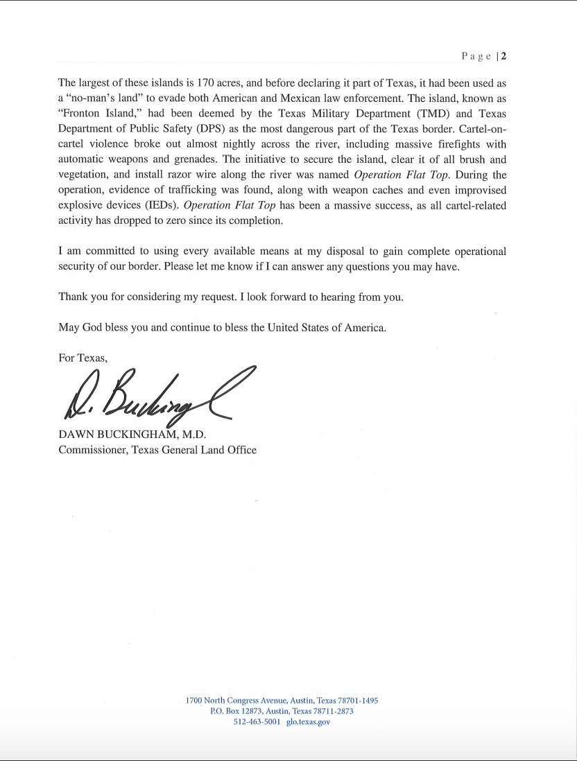 NEW --  TX Land Commissioner Dawn Buckingham is offering the incoming Trump administration a 1400-acre plot of land "to construct deportation facilities."