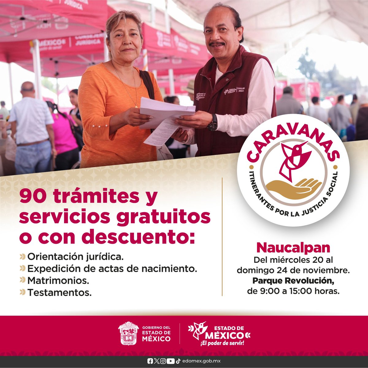 delfinagomeza's tweet photo. 📢 ¡Las #CaravanasItinerantes por la Justicia Social llegan a #Naucalpan!

Con #ElPoderDeServir, a través de la @CJ_Edomex, acercamos 90 trámites y servicios de manera gratuita o con descuento a las y los mexiquenses.

📅 Del miércoles 20 al domingo 24 de noviembre
📍 Parque Revolución
⏰ 9:00 a 15:00 horas