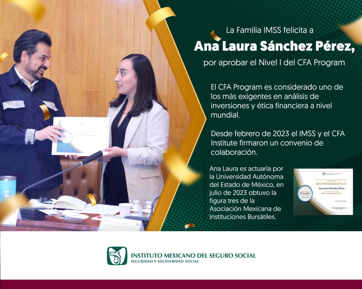 Tu_IMSS's tweet photo. 🏅¡Felicitamos a Ana Laura Sánchez Pérez! Por aprobar el Nivel I del CFA Program, un reconocimiento a su compromiso y excelencia en el análisis financiero. https://t.co/5jv4l5XlSd