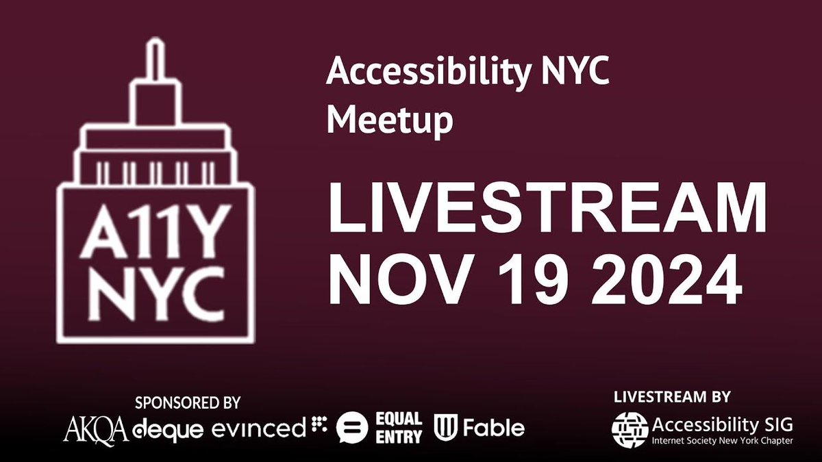 Thomas Logan / Techトーマス (@techthomas) on Twitter photo It's time for @A11yNYC. Join online as <a href="/segdeha/">Andrew Hedges</a> will explore accessibility maturity models and how to use the concept of continuous accessibility. bit.ly/3NroKj2
It will have captions, an ASL interpreter, and audio description
#Accessibility It's time for @A11yNYC. Join online as <a href="/segdeha/">Andrew Hedges</a> will explore accessibility maturity models and how to use the concept of continuous accessibility. bit.ly/3NroKj2
It will have captions, an ASL interpreter, and audio description
#Accessibility