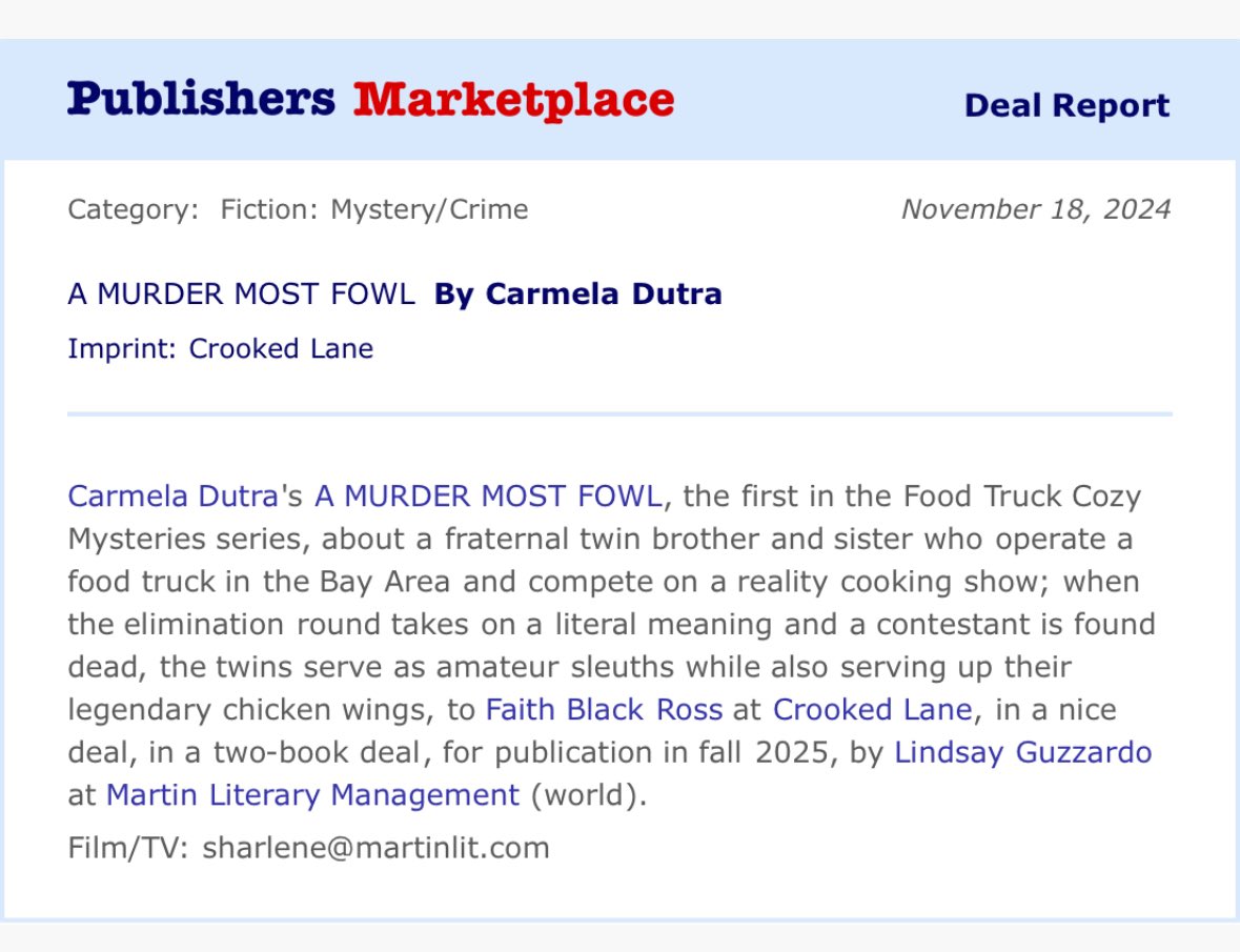 Carmela Dutra (@authorcarmela) on Twitter photo Big news 📣 I'm thrilled to share my debut cozy mystery will be published by the amazing <a href="/crookedlanebks/">Crooked Lane Books</a>
HUGE thanks to my incredible agent <a href="/LindsayGuzzardo/">Lindsay Guzzardo</a> of <a href="/MartinLitMgmt/">Sharlene Martin</a> for making this possible 🩵 Big news 📣 I'm thrilled to share my debut cozy mystery will be published by the amazing <a href="/crookedlanebks/">Crooked Lane Books</a>
HUGE thanks to my incredible agent <a href="/LindsayGuzzardo/">Lindsay Guzzardo</a> of <a href="/MartinLitMgmt/">Sharlene Martin</a> for making this possible 🩵