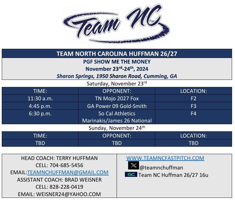 Team North Carolina Huffman 26/27 (@teamnchuffman) on Twitter photo Follow us this weekend as we wrap up our fall season at Show Me The Money! <a href="/TeamNCSoftball/">Team North Carolina Softball</a> Follow us this weekend as we wrap up our fall season at Show Me The Money! <a href="/TeamNCSoftball/">Team North Carolina Softball</a>