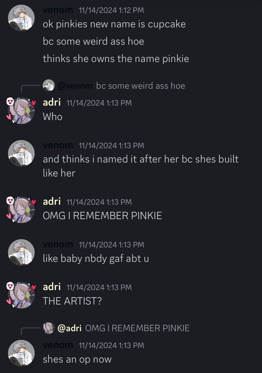 TrinaBurnee's tweet photo. After getting called out, the name was changed to Cupcake. He proceeded to shit talk Pinkie in the server, saying she was built like Cupcake and claiming she was racist. He deleted the comment because of it being a bold lie. If it wasn’t to mock Pinkie than why change the name? https://t.co/EcN9f7W8rd