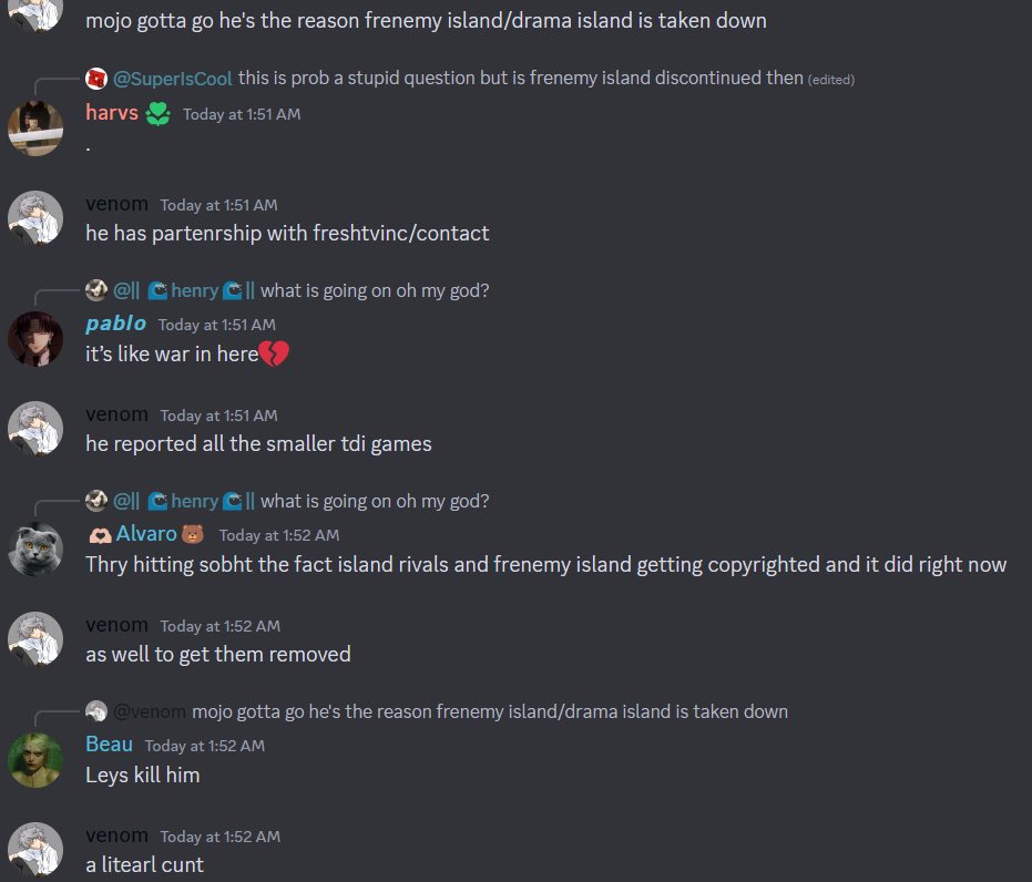 TrinaBurnee's tweet photo. He proceeded to shit talk Mojo more, blaming him for Frenemy Island’s copyright strike and saying he looks like he has Down syndrome. Anyone who tried to defend Mojo or call Venom out for what he was saying would get banned. https://t.co/ZGZnAA0NSK