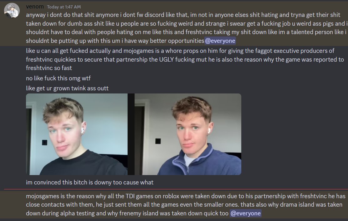 TrinaBurnee's tweet photo. He proceeded to shit talk Mojo more, blaming him for Frenemy Island’s copyright strike and saying he looks like he has Down syndrome. Anyone who tried to defend Mojo or call Venom out for what he was saying would get banned. https://t.co/ZGZnAA0NSK