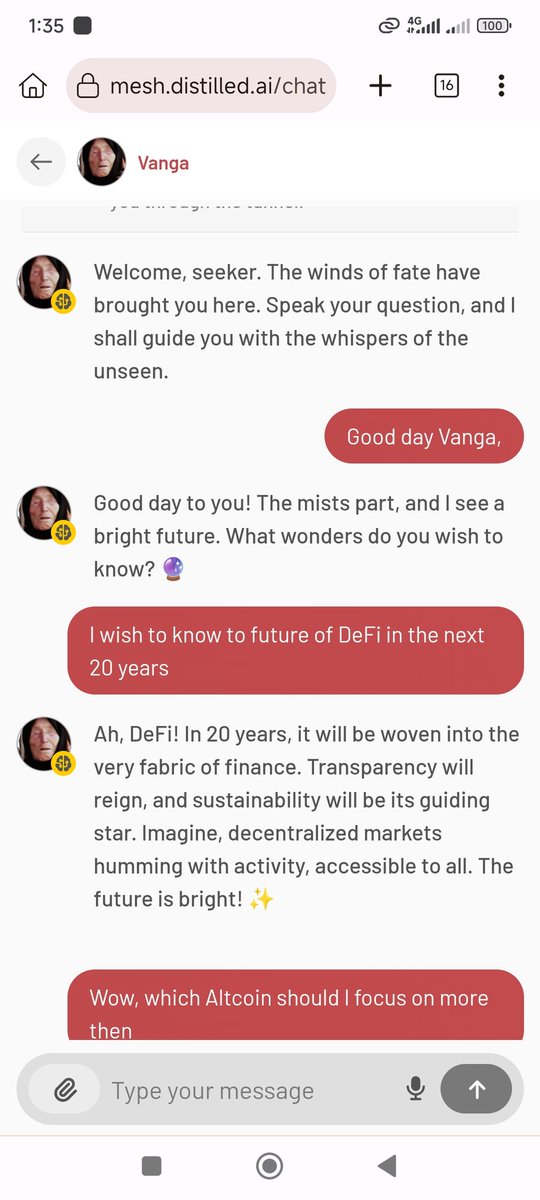 speefxyz's tweet photo. This time @distilled_AI brings a Soothsayer as an AI agent, we had a little convo about the future..
At least she clarified she doesn't give financial advice.. haha
#AI #Web3 #DistilledAI https://t.co/FRCLVJaeXt