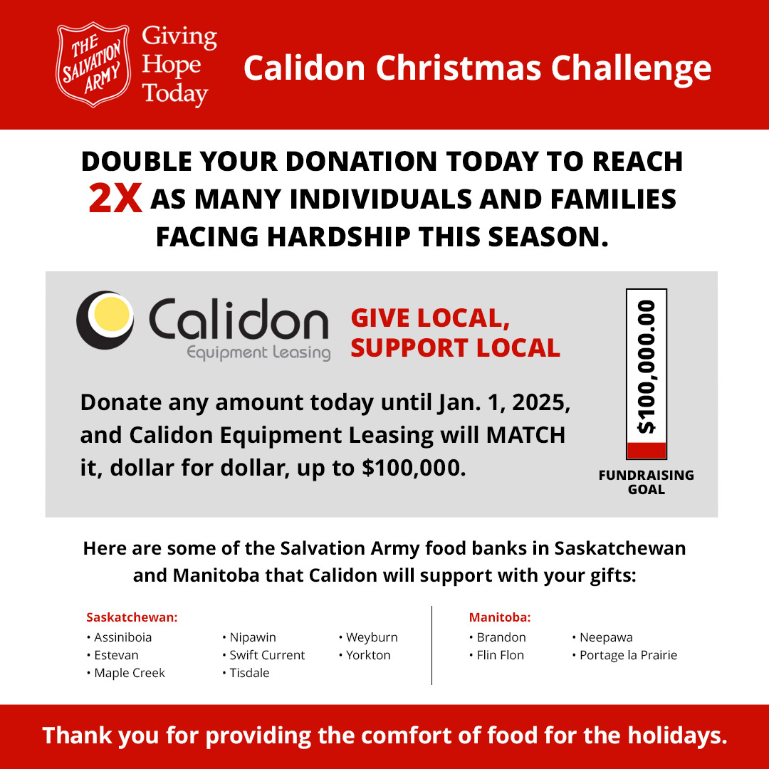 CHRISTMAS CHALLENGE ALERT

Calidon Leasing is matching all donations up to $100,000 until Jan 1/2025! 

Help get us on the road to $100K by clicking the link to make your donation today!

bit.ly/4ez793L 

#salvationarmy