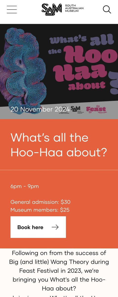 Still time to get some tickets for tonight's tittelating discussion about all things female anatomy from biology to sexology 🌺 
Come find out what all the woo-haa is about! 
Tickets: samuseum.sa.gov.au/event/hoo-haa

<a href="/SAMuseum/">South Australian Museum</a> <a href="/FeastFestival/">Feast Festival</a> <a href="/whatsonad/">Whats on in Adelaide</a>
#woohaa #hemiclitoris #adelaide