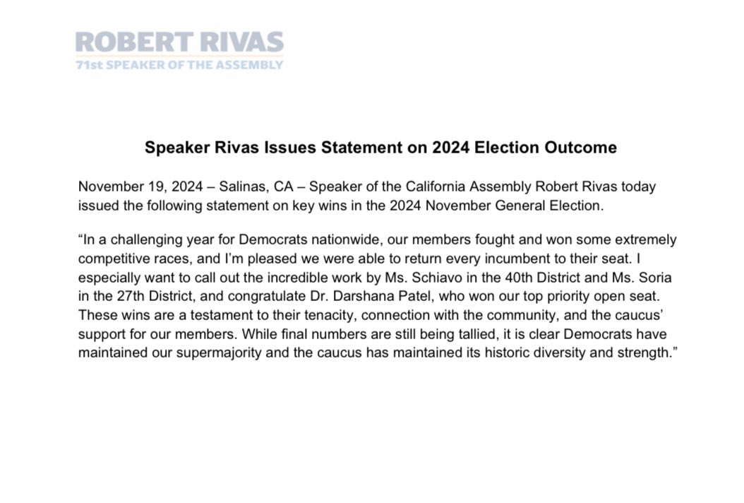 ZavalaA's tweet photo. New: @CASpeakerRivas releases statement on election results so far and the CA Assembly, where Democrats will maintain their supermajority. 

“These wins are a testament to their tenacity, connection with the community and the caucus’ support…” https://t.co/Rc9js75tCw