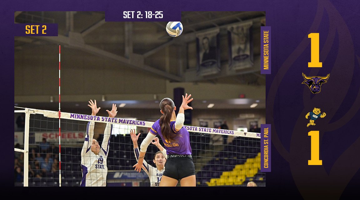 The Golden Bears tie up the match, but not without great effort from MSU. Toryn Richards leads the team with six kills after two
#RollHerd #MaverickVolleyball #NSICTournament 🏐