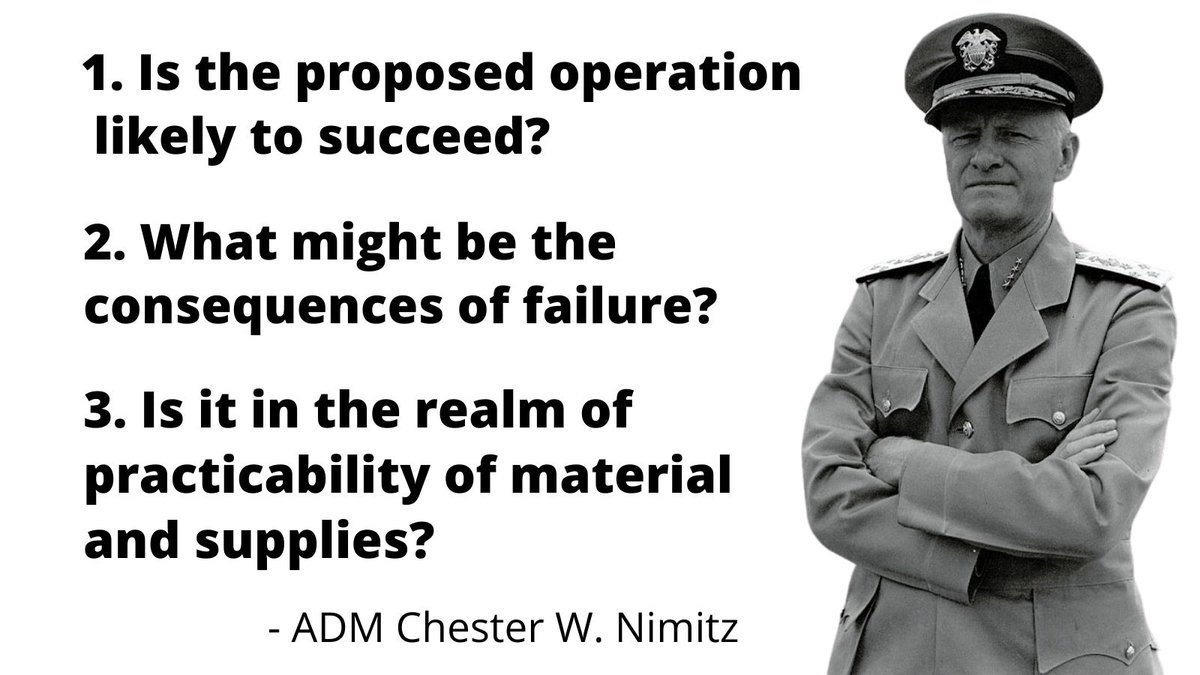 NavalInstitute's tweet photo. ADM Chester Nimitz kept three questions tacked above his desk that his subordinates were expected to answer when they came to him with a proposal. He also believed that the questions could be applied to problems in daily life. 
#TuesdayThoughts https://t.co/8B48BCA3H4