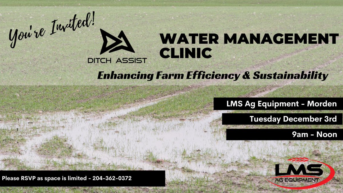 LMS Ag Equipment - LittleMordenService (@lmsagequipment) on Twitter photo Are you draining your fields?
Or are your fields draining you?
Join us & the team from <a href="/ditchassist/">Ditch Assist</a> on Dec 3rd from 9am-Noon at our Morden location to learn about Ditch Assist products, Best drainage practices & Regulations.
We hope to see you there!
PS. We'll have breakfast. Are you draining your fields?
Or are your fields draining you?
Join us & the team from <a href="/ditchassist/">Ditch Assist</a> on Dec 3rd from 9am-Noon at our Morden location to learn about Ditch Assist products, Best drainage practices & Regulations.
We hope to see you there!
PS. We'll have breakfast.