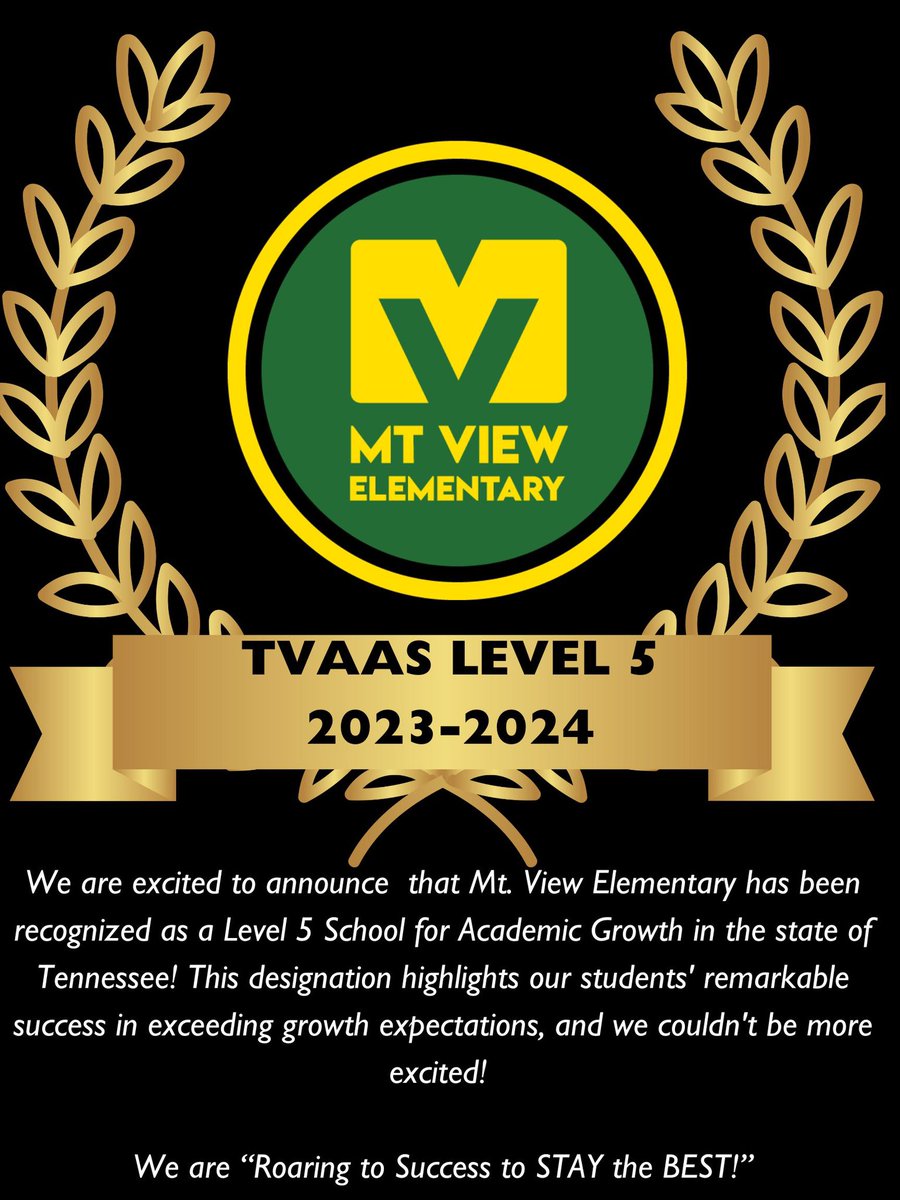We are excited to announce that @mtviewes  has been recognized as a Level 5 School for Academic Growth in the state of Tennessee! This designation highlights our students' remarkable success in exceeding growth expectations, and we couldn't be more excited!