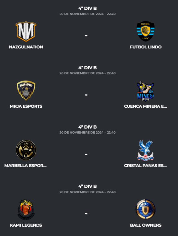 PLG_Spain's tweet photo. Jornada 7⃣ - 4ª B
@3KO_eSports - @UltimateEsp17
@transformers_cf - @_Virus_Gaming
#StrikeBack - @laperlaturca77
@generalrrap - @IberiansGaming
@NazgulNation - @FutbolLindoCF
@MRJAeSport - @CMineraeSports
@Marbella_FC_ - @CristalPanas
#KamiLegends - @BallOwners2024 https://t.co/fliNwTaLQW