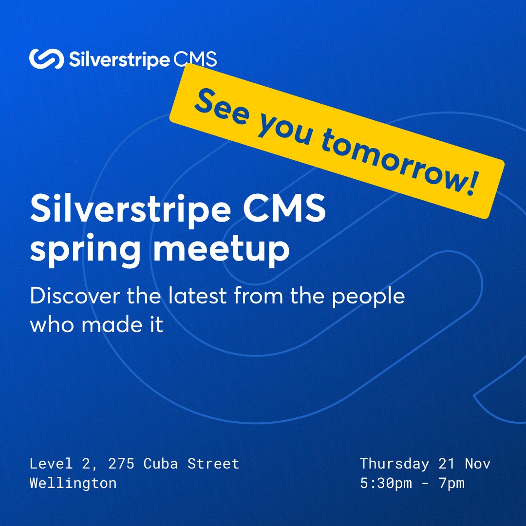silverstripe's tweet photo. The Wellington Spring Silverstripe CMS meet-up is tomorrow!

📅Thursday, November 21, 5:30pm – 7:00pm
📍Where: Silverstripe, Level 2, 275 Cuba Street, Wellington

Find out more and RSVP here: https://t.co/w3c7bTuc7i
#Silverstripe #CMS https://t.co/9pdWrdKSXL