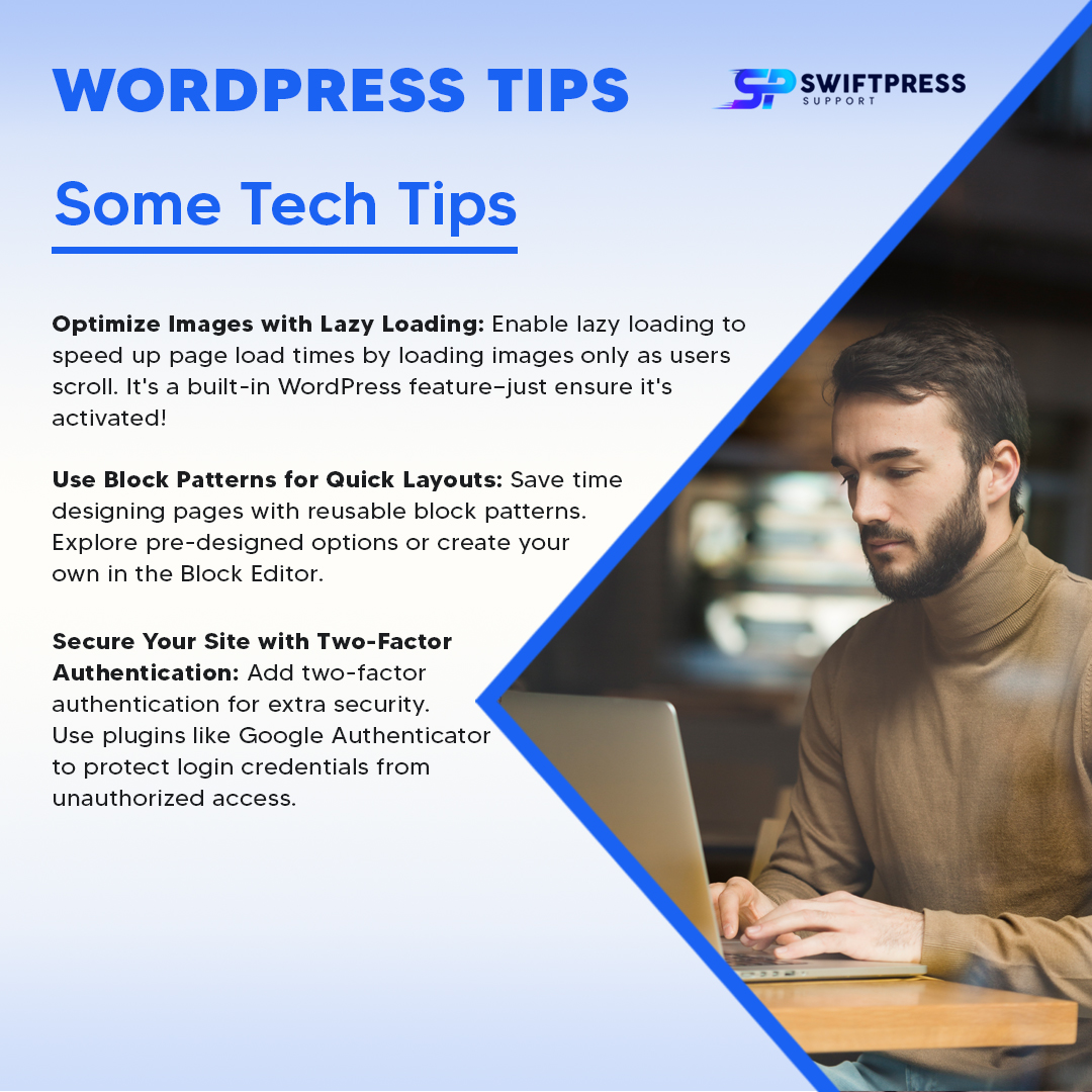 swiftpresswp's tweet image. Speed up your #WordPress site with lazy loading! Optimize images, save time with #BlockPatterns, and boost security using #2FA plugins like Google Authenticator. Stay modern and secure! #WebDesign

Visit for more at: swiftpresssupport.com