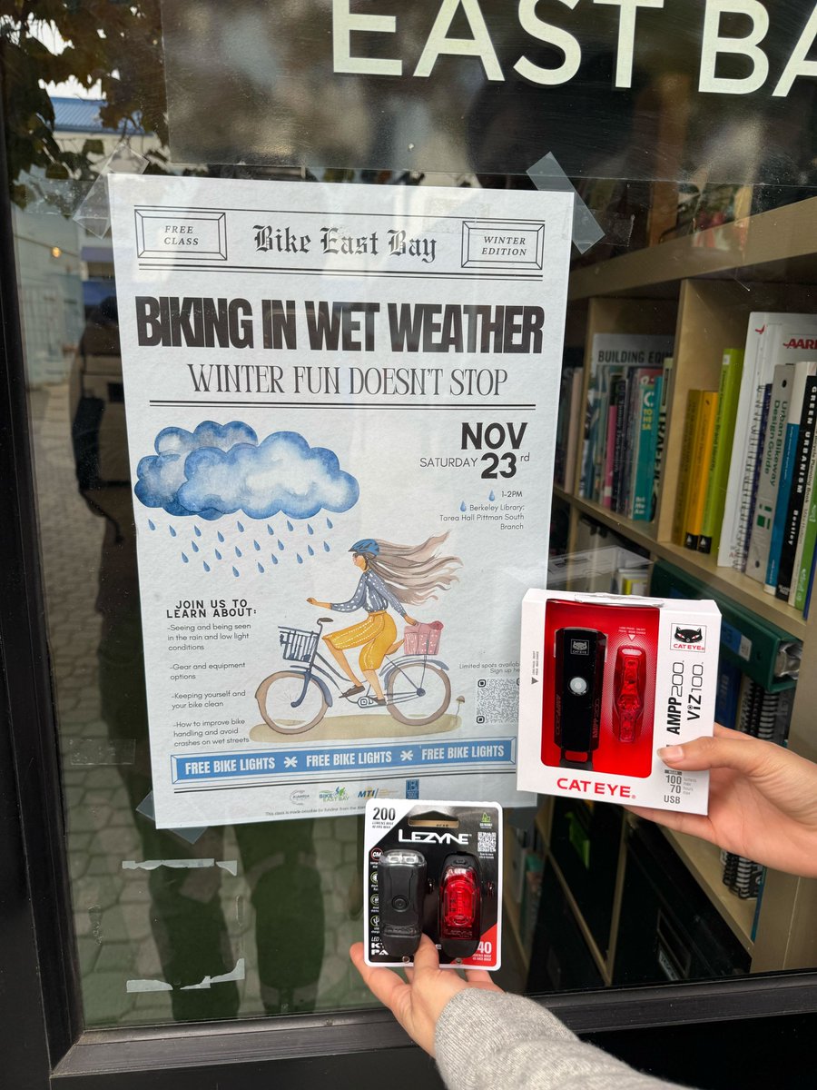 Free bike class coming up this Saturday afternoon at <a href="/BerkeleyPublic/">Berkeley Public Library in Berkeley, CA</a> Library!

If you're new to biking in the rain...join us for best practices! We're giving free bike lights to all who join. Details + RSVP at eventbrite.com/e/1-hour-bikin…