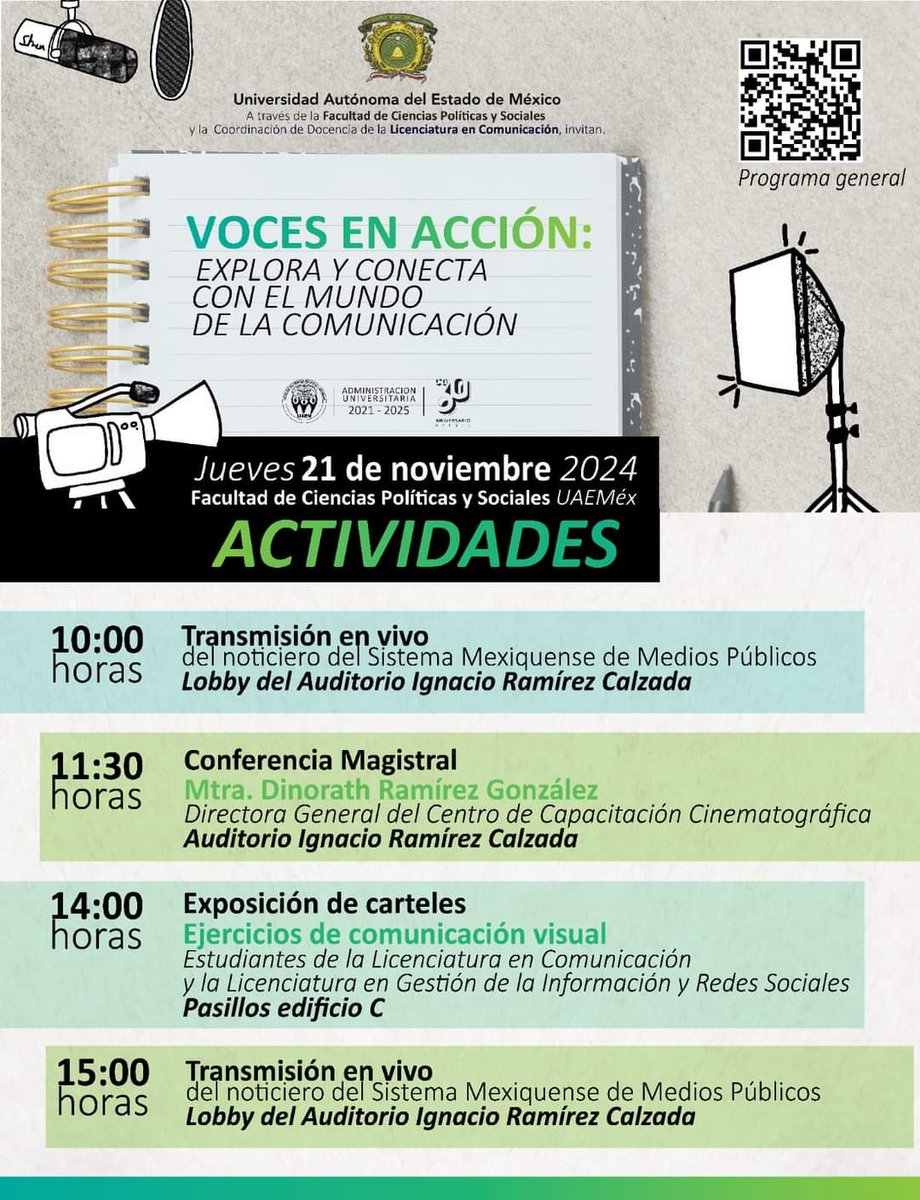 Programa completo de Voces en Acción: Explora y conecta con el mundo de la comunicación. ¡Participa! 🤓
🗓Jueves 21 de noviembre, FCPyS.