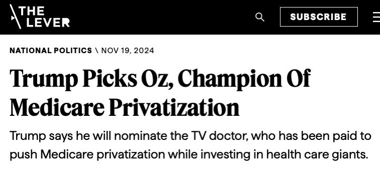 Liberals gave Fetterman a zillion dollars of campaign cash to defeat Oz’s Senate campaign that touted Medicare privatization all so that Fetterman could win office and…

*squints at screen*

…vote to confirm Oz to run Medicare. 

I hate it here. 

levernews.com/dr-oz-can-now-…
