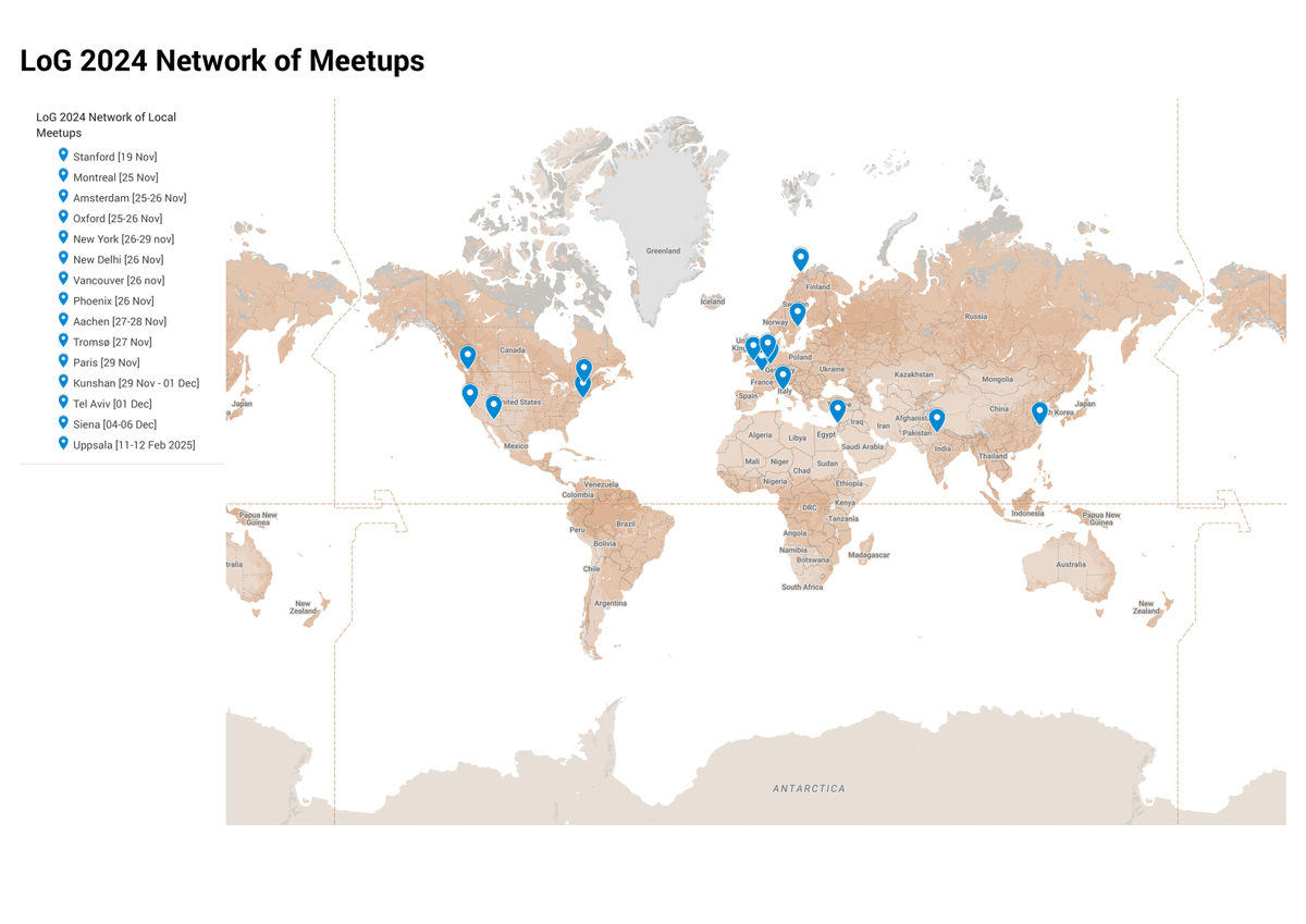 LogConference's tweet image. 🌍 Excited to share worldwide Active Meetups for the Learning on Graphs Conference 2024! Connect locally, discuss cutting-edge research, and collaborate globally in ML on graphs & geometry. Find your meetup here: logconference.org💡#LOG2024 #GraphML #Networking