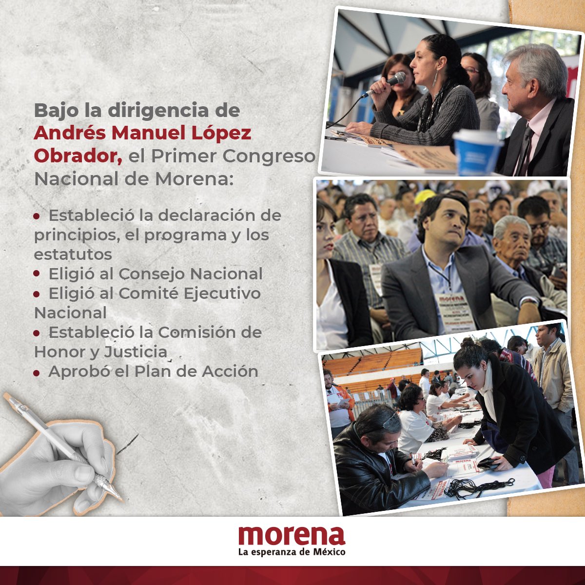 PartidoMorenaMx's tweet photo. A 12 años de celebrado el primer Congreso Nacional de Morena, hoy continuamos revolucionando las conciencias, trabajando por los derechos y las libertades de todas y todos los mexicanos y refrendamos nuestro compromiso con la premisa del Humanismo Mexicano: “Por el bien de todos, primero los pobres”.

#SomosMillones