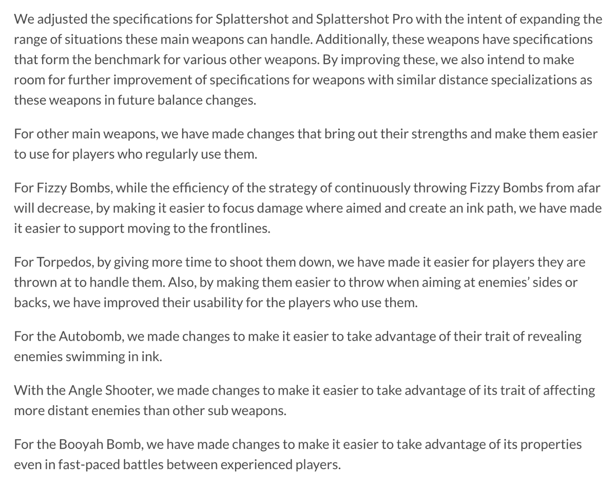 [Splatoon 3]

Here are all the balance changes being made in 9.2.0.

I've also included Nintendo's justification for these changes in the fourth image.

Full patch notes: en-americas-support.nintendo.com/app/answers/de…