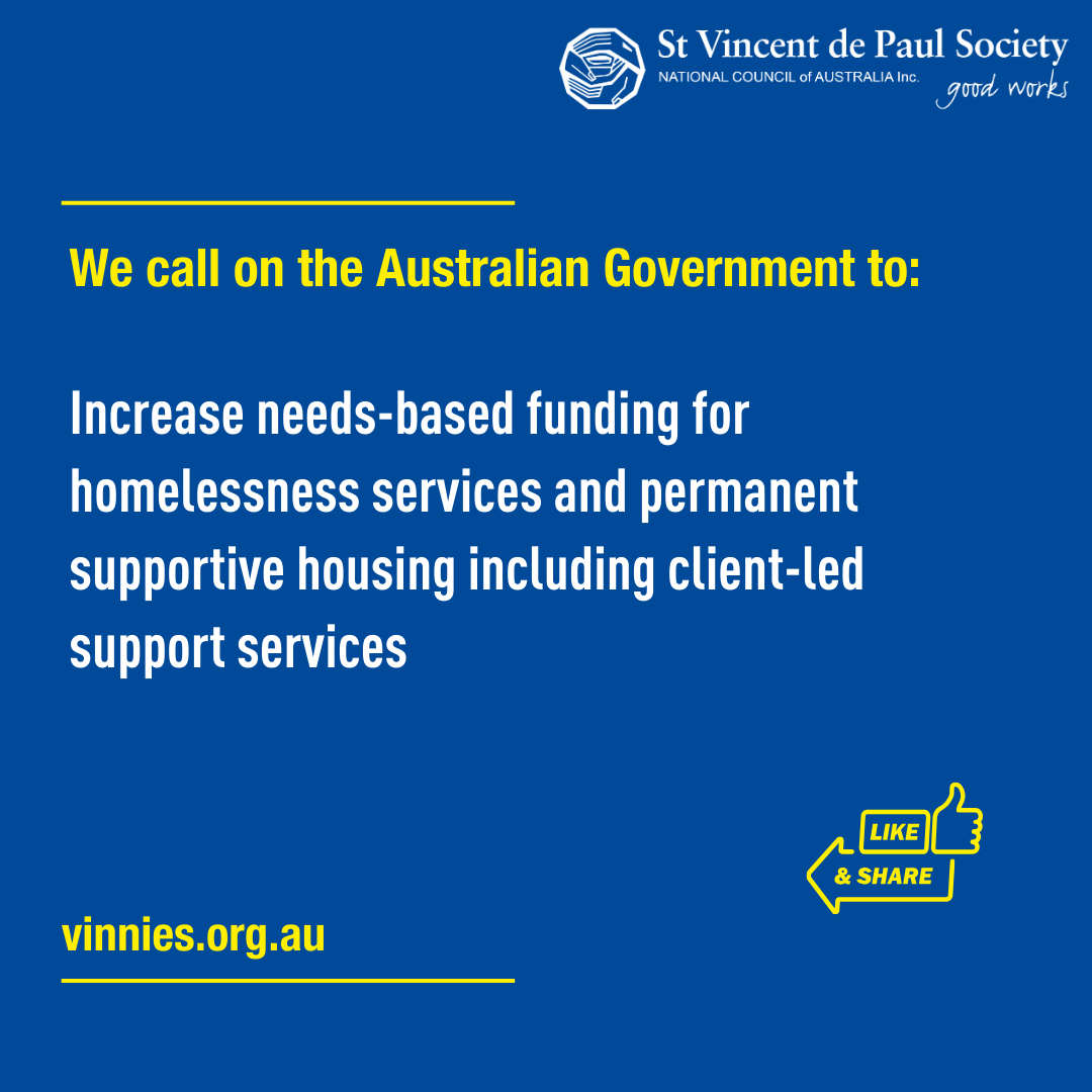 We call on the Australian Government to increase needs-based funding for homelessness services and permanent housing. Learn more - report by <a href="/HomelessnessAus/">Homelessness Australia</a>