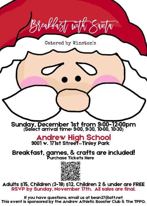 Santa's coming December 1st. Reserve your spot now. Sales extended to 11:50pm Thursday, November 20th. Seats still available for 9:30am, 10am, and 10:30am. No ticket sales at the door. d230.revtrak.net/andrew-hs/andr…
