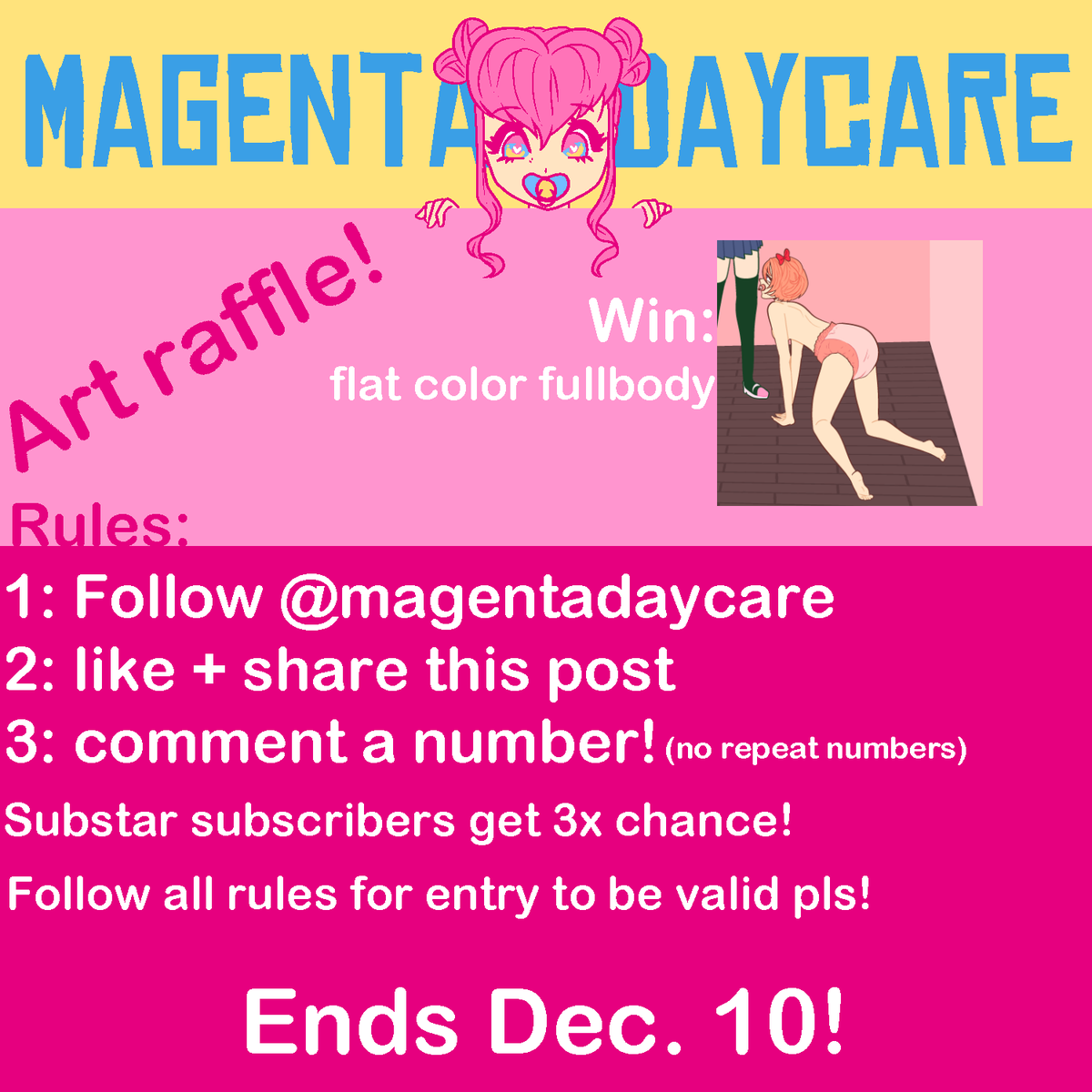 #abdl raffle!
1 winner: flat color fullbody

rules:
• follow me
• like + retweet
• comment an unique number! 

if ur subbed 2 my substar u get 3x chance! (pls post proof)

ends dec. 10 2024! good luck <3