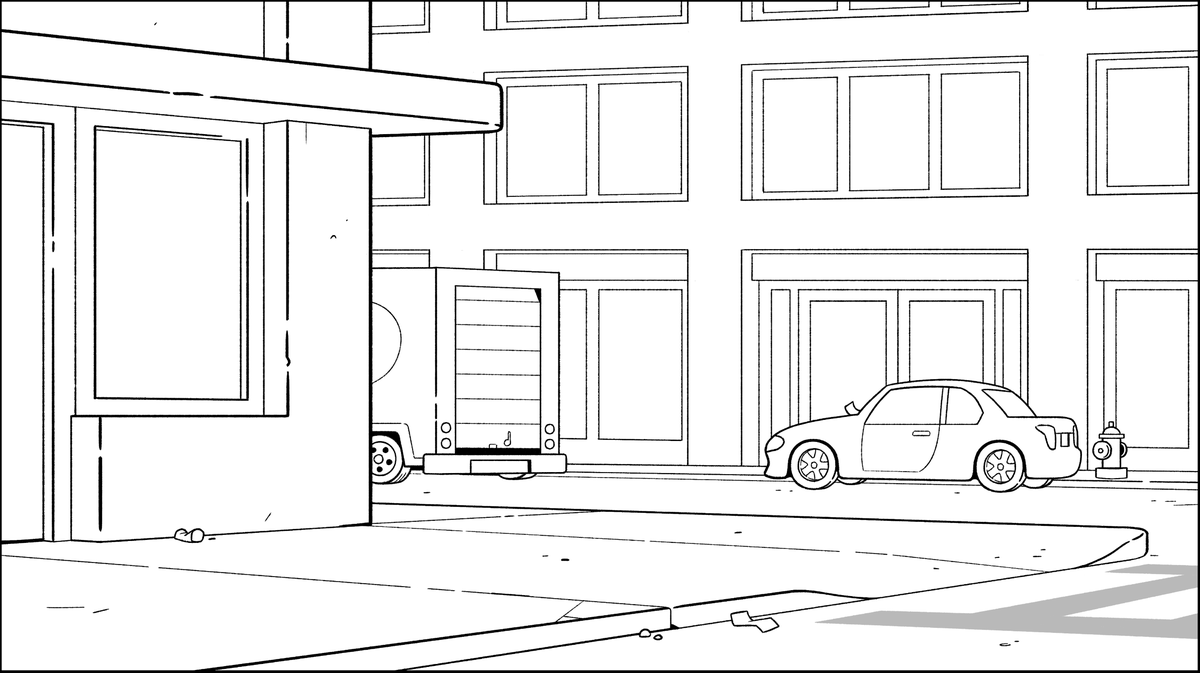 Lowtwait's tweet photo. Here's an old background design I did a few years ago for #BigCityGreens.

Just some nondescript buildings and slightly worn sidewalk. Nothing too visually impressive.

But do you notice any details that tell a story? https://t.co/eat6pnFoNM
